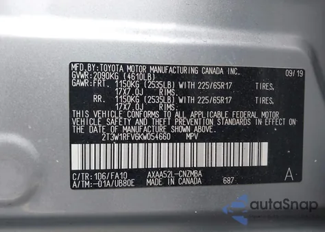 2019 Toyota Rav4 Xle из США, поврежденный, VIN 2T3W1RFV6KW054660